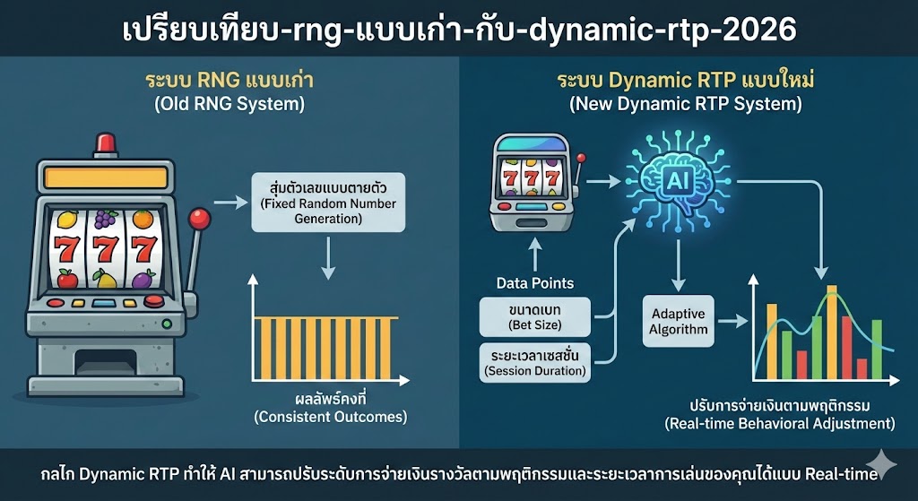 กราฟิกแสดงการทำงานของ AI ในระบบ Dynamic RTP ที่ปรับเปลี่ยนโอกาสชนะในเกมสล็อตปี 2026 ตามพฤติกรรมการเดิมพันของผู้เล่น