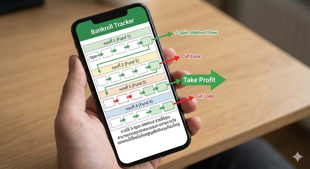 ตัวอย่างตารางจัดการเงินทุน Bankroll Management และขั้นตอนการใช้สูตร 5-Spin Method เพื่อทดสอบความผันผวนของเกมสล็อต