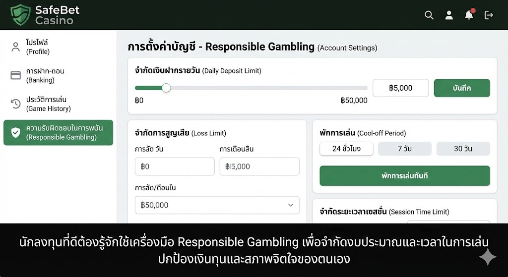 เมนูการตั้งค่าความรับผิดชอบในการพนัน (Responsible Gambling) แสดงเครื่องมือจำกัดเงินฝากและขีดจำกัดเวลาเล่นบนเว็บไซต์คาสิโน