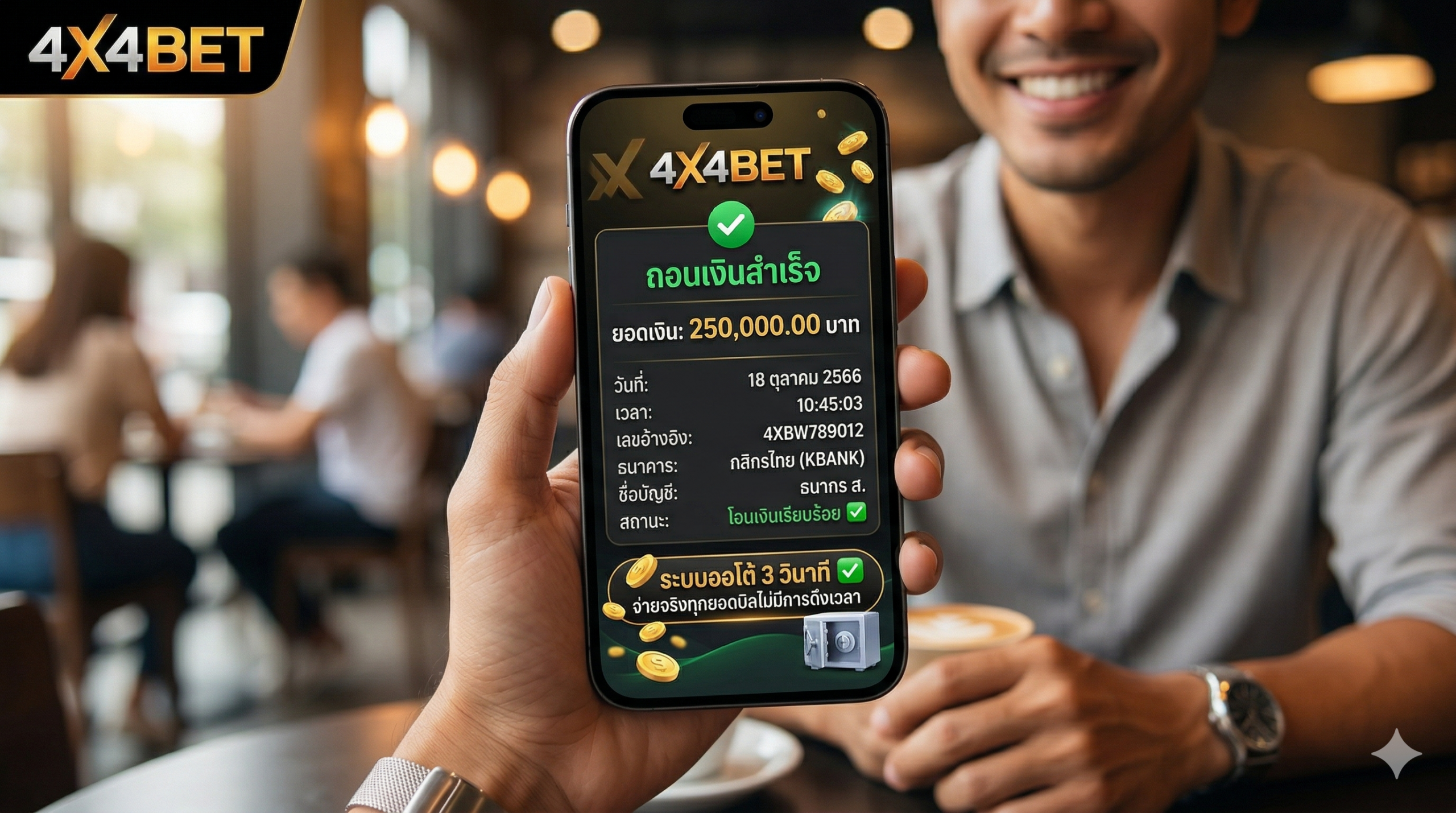 หน้าจอแสดงระบบฝากถอนออโต้ของ 4X4BET เว็บตรง ที่ใช้เวลาเพียง 3 วินาที